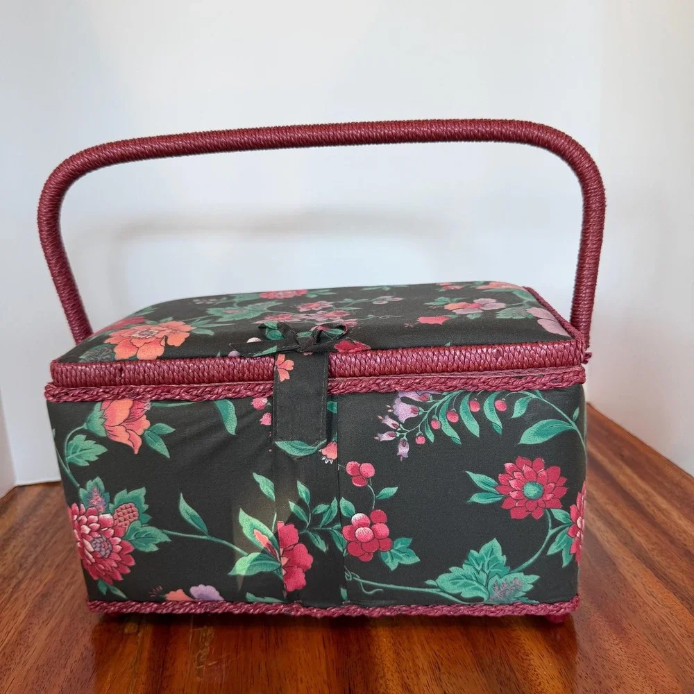 Vtg Sewing Basket Box Padded Fabric with Handle